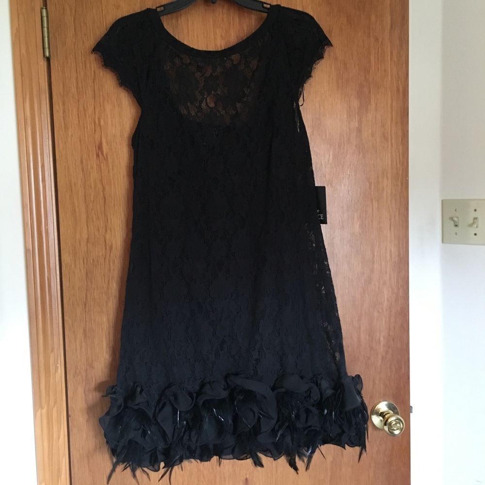 Gorgeous black lace party dress with feathers